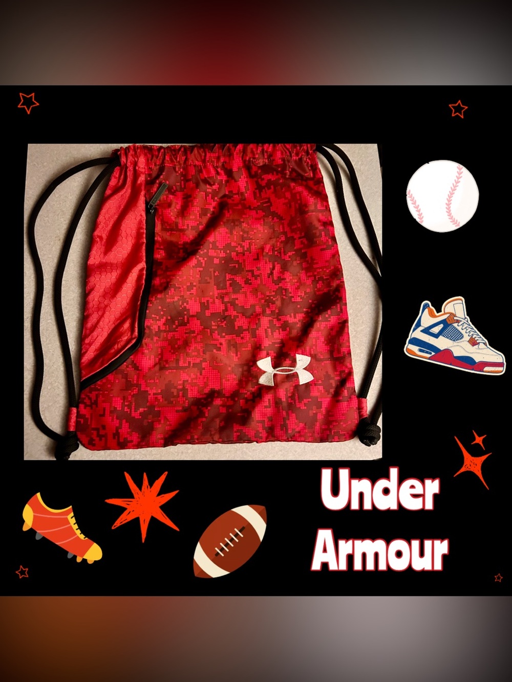 Under Armour Red Pixel Camo Drawstring Backpack with Black Straps